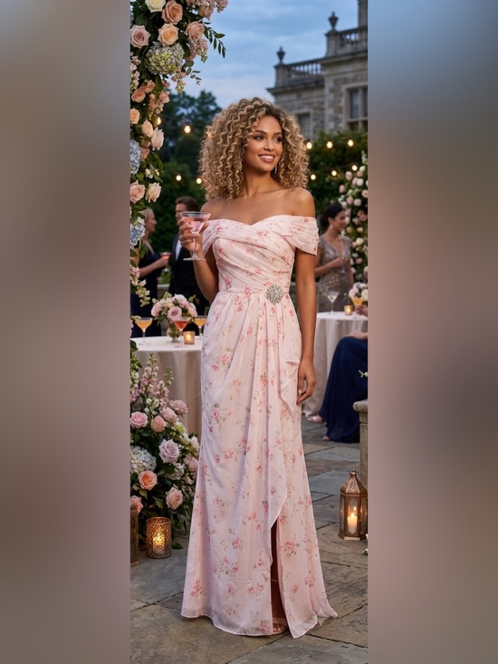 Formal Floral Chiffon Maxi Dress, Off-Shoulder  NWT Size 6